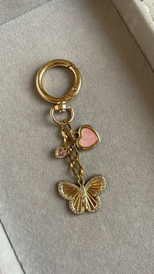 Sparkling Golden Butterfly & Pink Heart Charm